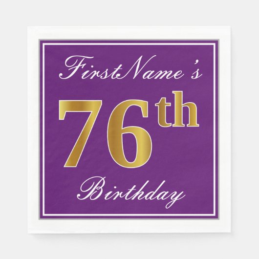 Serviette En Papier Élégant violet, Faux Or 76ème anniversaire + Nom (Devant)