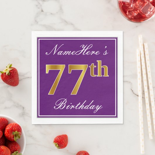 Serviette En Papier Elégant violet, Faux Or 77ème anniversaire + Nom (En situation)