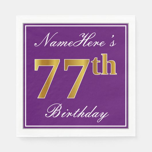 Serviette En Papier Elégant violet, Faux Or 77ème anniversaire + Nom (Devant)