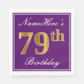 Serviette En Papier Élégant violet, Faux Or 79ème anniversaire + Nom (Devant)