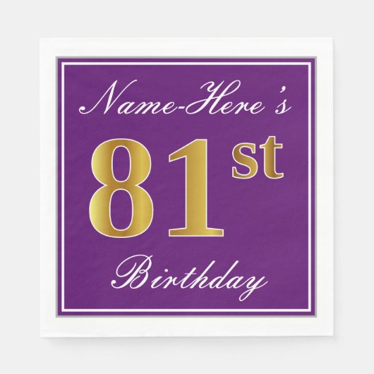 Serviette En Papier Elégant violet, Faux Or 81ème anniversaire + Nom (Devant)
