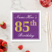 Serviette En Papier Elégant violet, Faux Or 85ème anniversaire + Nom (En situation)