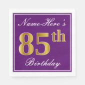 Serviette En Papier Elégant violet, Faux Or 85ème anniversaire + Nom (Devant)