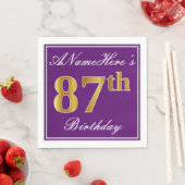 Serviette En Papier Elégant violet, Faux Or 87ème anniversaire + Nom (En situation)