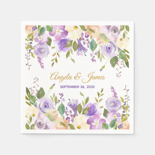 Serviette En Papier Elégant violet or Aquarelle Mariage Floral (Devant)