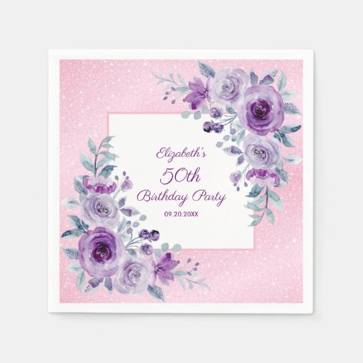 Serviette En Papier Élégant violet Rose Parties scintillant rose Flora (Devant)