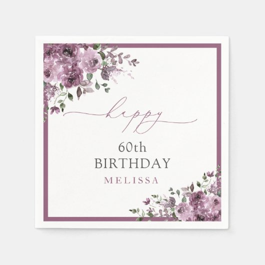 Serviette En Papier Élégant violet Roses 60e fête d'anniversaire (Devant)