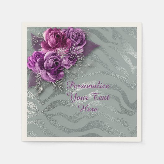 Serviette En Papier Elégant violet Roses Parties scintillant argent Pe (Devant)