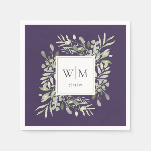 Serviette En Papier Élégant violet vert or Monogramme (Devant)