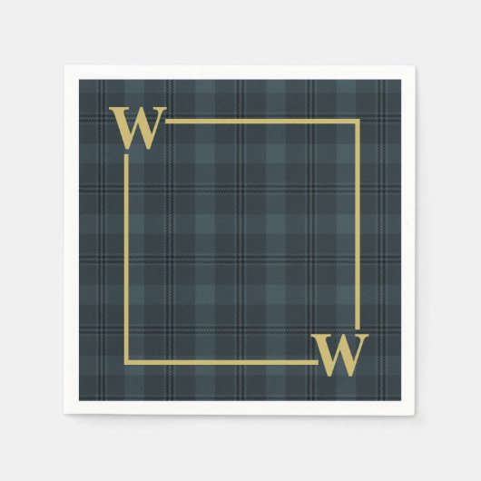 Serviette En Papier Élégant Vitre Noir Or Plaid Monogramme (Devant)