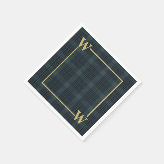 Serviette En Papier Élégant Vitre Noir Or Plaid Monogramme (Coin)
