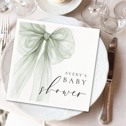 Serviette En Papier Elegant White Sage Green Bow Baby Shower
