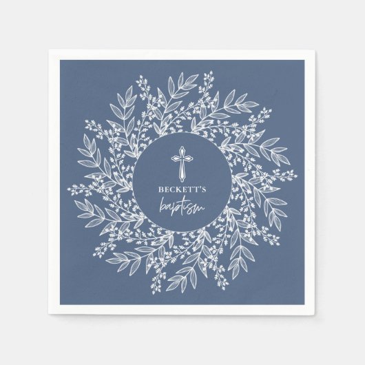 Serviette En Papier Elegant Wreath and Cross Blue Boy Baptism (Devant)