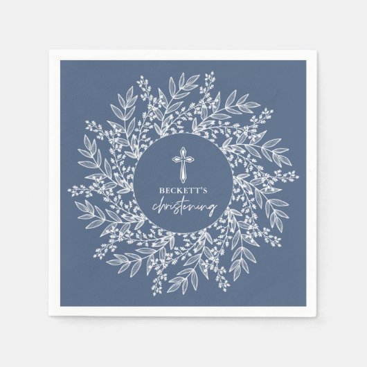Serviette En Papier Elegant Wreath and Cross Blue Boy Christening (Devant)