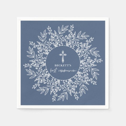 Serviette En Papier Elegant Wreath and Cross Blue Boy First Communion (Devant)