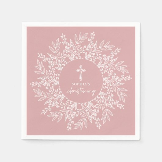 Serviette En Papier Elegant Wreath and Cross Pink Girl Christening (Devant)