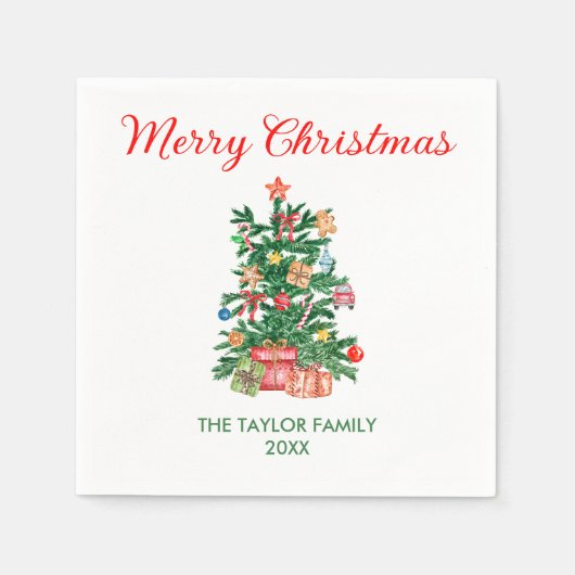 Serviette En Papier Elégante aquarelle Arbre de Noël Ornements & Cadea (Devant)