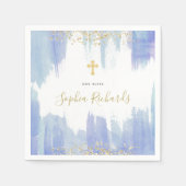 Serviette En Papier Elégante aquarelle bleue et or | Baptême (Devant)