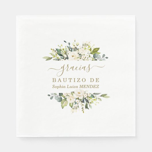 Serviette En Papier Elégante aquarelle Fleurs blanches Espagnol Bautiz (Devant)