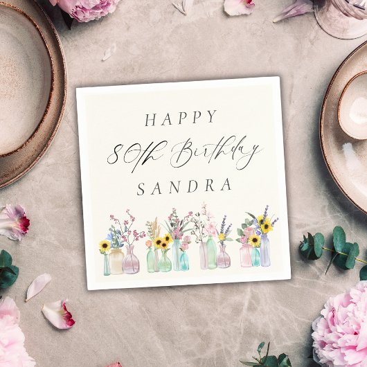 Serviette En Papier Elégante aquarelle florale Joyeux 80e anniversaire