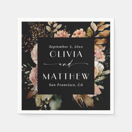 Serviette En Papier Elégante aquarelle noir chute mariage de fleurs bo (Devant)