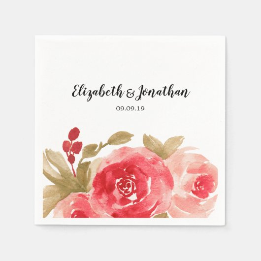 Serviette En Papier Elégante aquarelle rouge Rose Mariage (Devant)