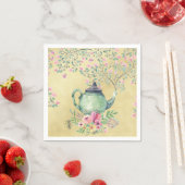 Serviette En Papier Elégante Aquarelle Teapot et Fleurs Or (En situation)
