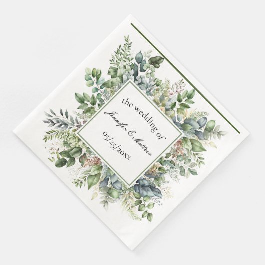 Serviette En Papier Elégante aquarelle Vert Feuilles mariage personnal (Coin)