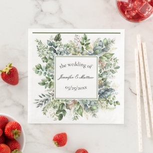 Serviette En Papier Elégante aquarelle Vert Feuilles mariage personnal