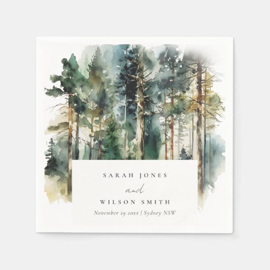 Serviette En Papier Elégante aquarelle verte Mariage forestier (Devant)