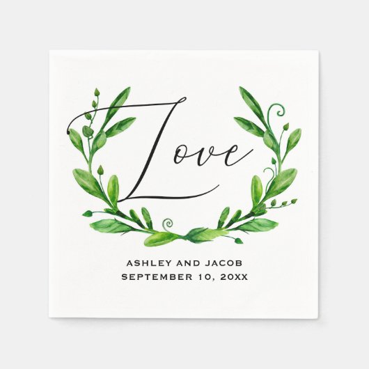 Serviette En Papier Elégante aquarelle verte script floral mariage (Devant)