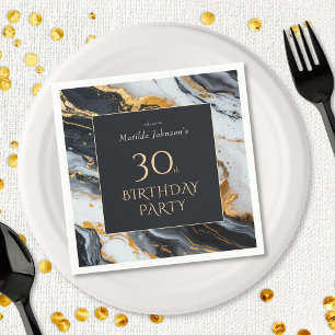 Serviette En Papier Elégante Black and Gold Agate 30e fête d'anniversa
