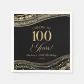 Serviette En Papier Elégante Black Gold Agate 100e fête d'anniversaire (Devant)