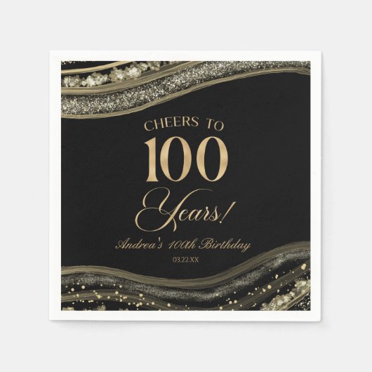 Serviette En Papier Elégante Black Gold Agate 100e fête d'anniversaire (Devant)