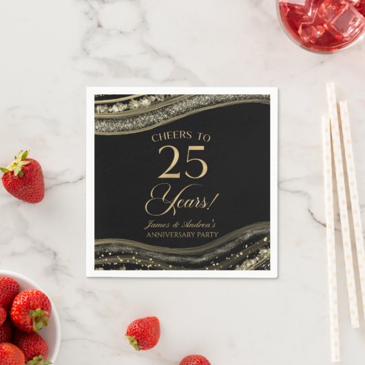 Serviette En Papier Élégante Black Gold Agate 25e anniversaire fête (En situation)