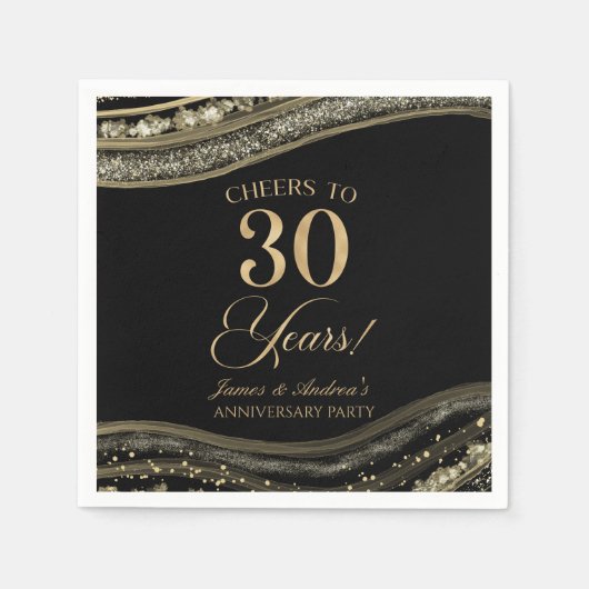 Serviette En Papier Élégante Black Gold Agate 30e anniversaire fête (Devant)