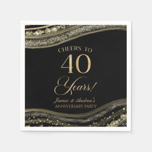Serviette En Papier Élégante Black Gold Agate 40e Anniversaire fête