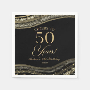 Serviette En Papier Elégante Black Gold Agate 50e fête d'anniversaire