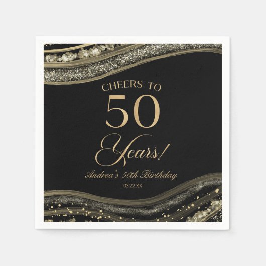 Serviette En Papier Elégante Black Gold Agate 50e fête d'anniversaire (Devant)