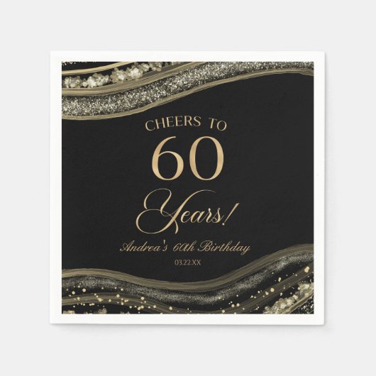 Serviette En Papier Elégante Black Gold Agate 60e fête d'anniversaire (Devant)