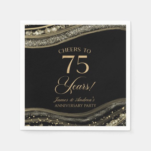 Serviette En Papier Élégante Black Gold Agate 75e anniversaire fête (Devant)