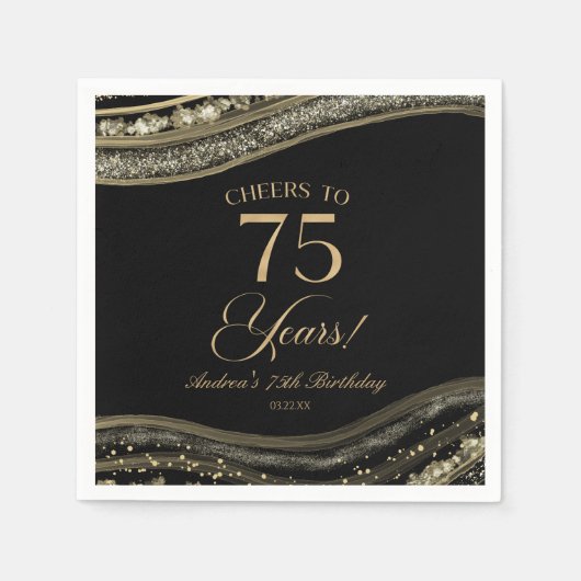 Serviette En Papier Elégante Black Gold Agate 75e fête d'anniversaire (Devant)