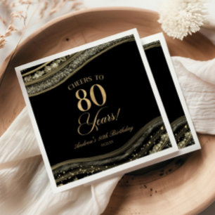 Serviette En Papier Elégante Black Gold Agate 80e fête d'anniversaire