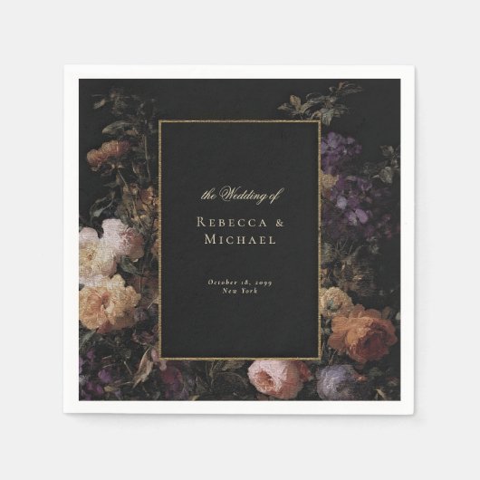 Serviette En Papier Élégante Black Romantique Fleurs Mariage foncé (Devant)