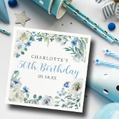 Serviette En Papier Elégante Blue Blanc Floral Personnalisé Anniversai