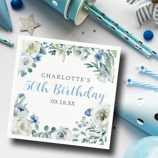 Serviette En Papier Elégante Blue Blanc Floral Personnalisé Anniversai