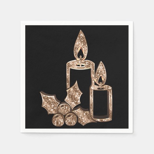 Serviette En Papier Élégante bougie Holly Faux Diamants d'or Noël (Devant)