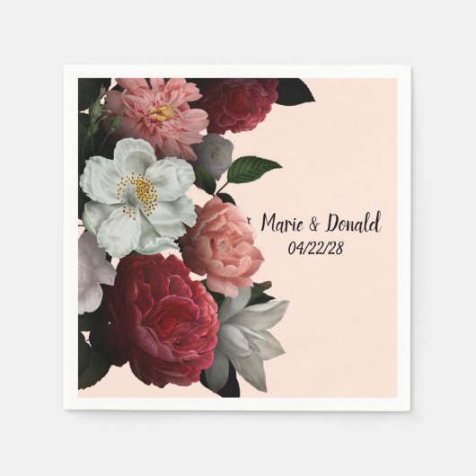 Serviette En Papier Elégante Bourgogne et Fleurs roses (Devant)