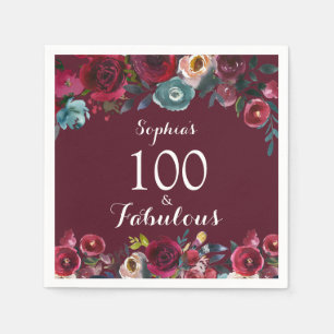Serviette En Papier Elégante Burgundy Navy Floral 100e fête d'annivers