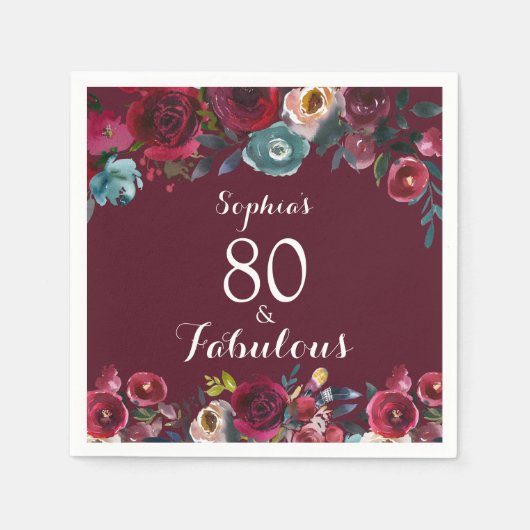 Serviette En Papier Elégante Burgundy Navy Floral 80e Anniversaire (Devant)